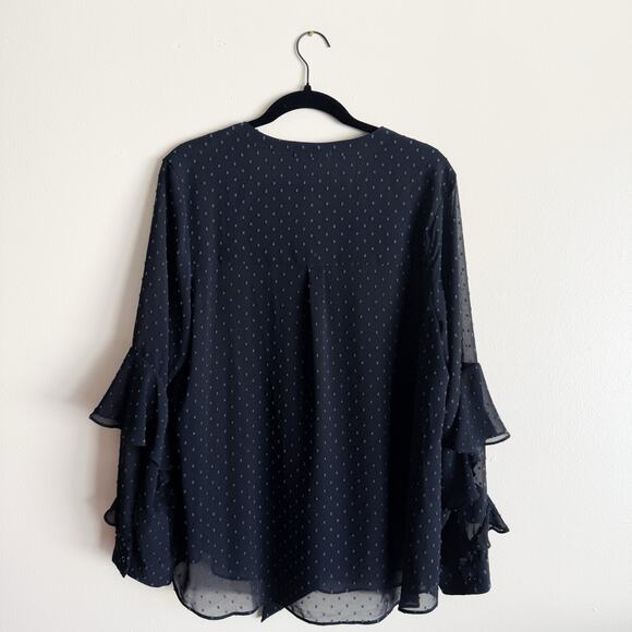 Gibson Latimer Black + Blue Polka Dot Ruffle Sleeve V Neck Blouse Shirt - Larg - Picture 4 of 5